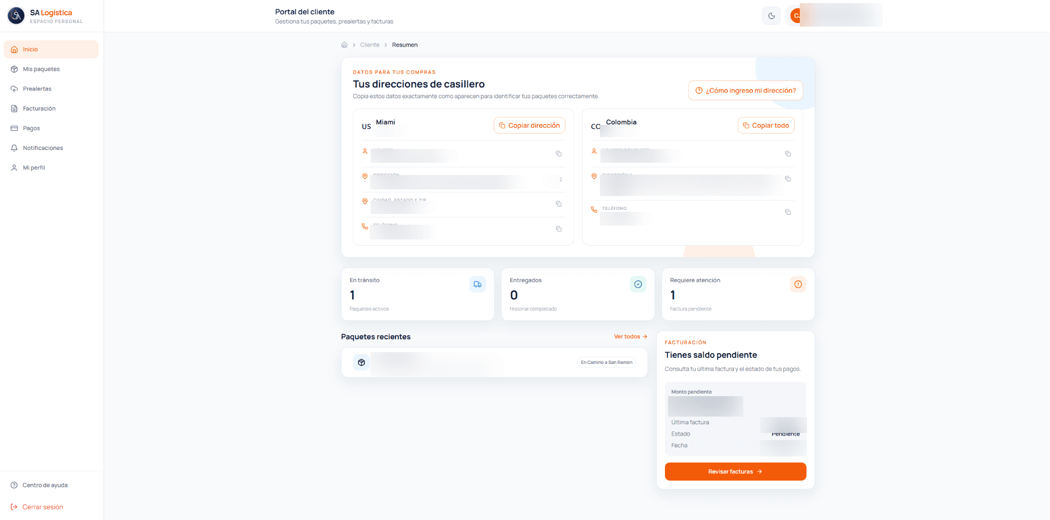 SA Logística customer dashboard