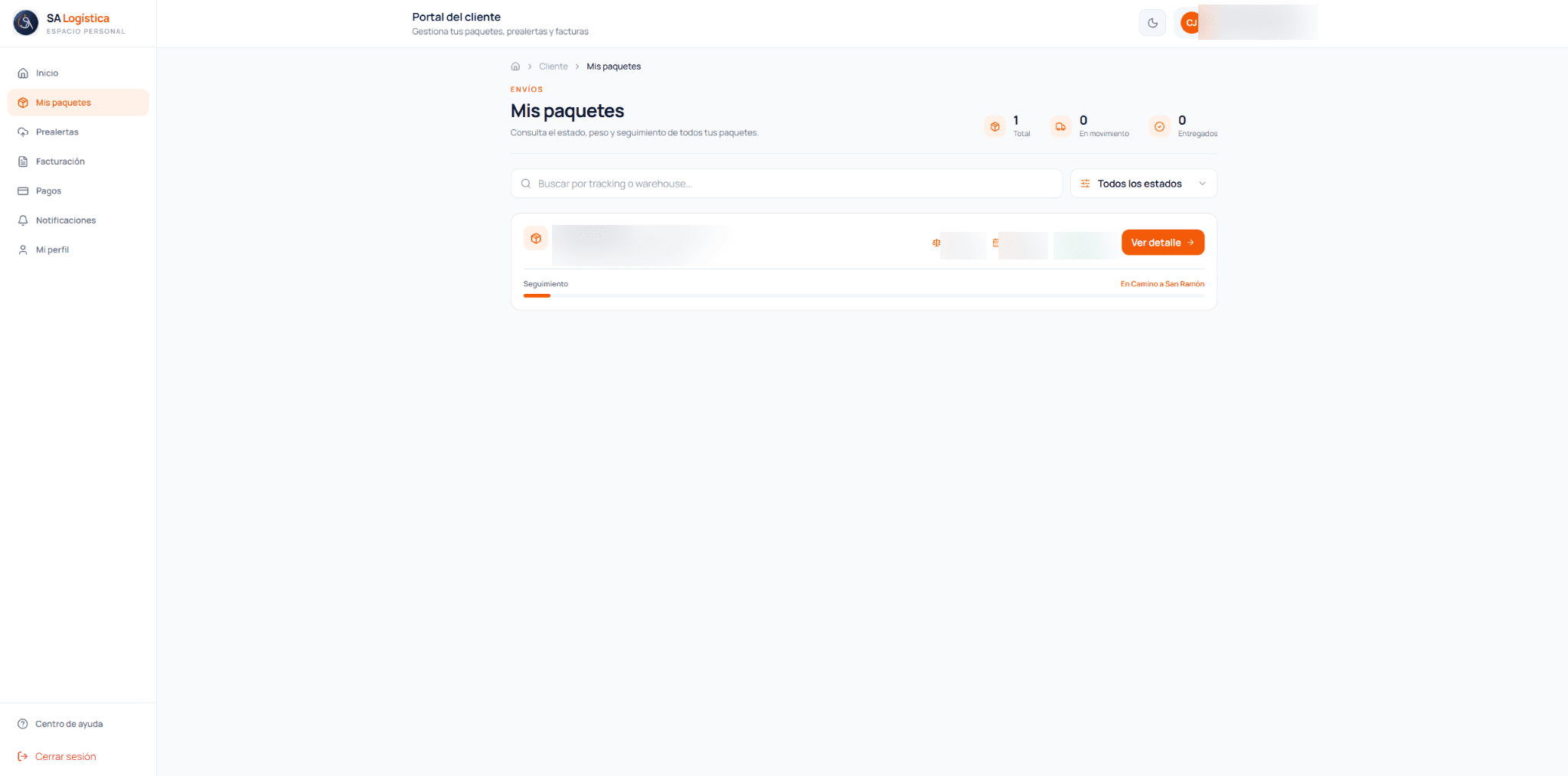SA Logística package tracking interface