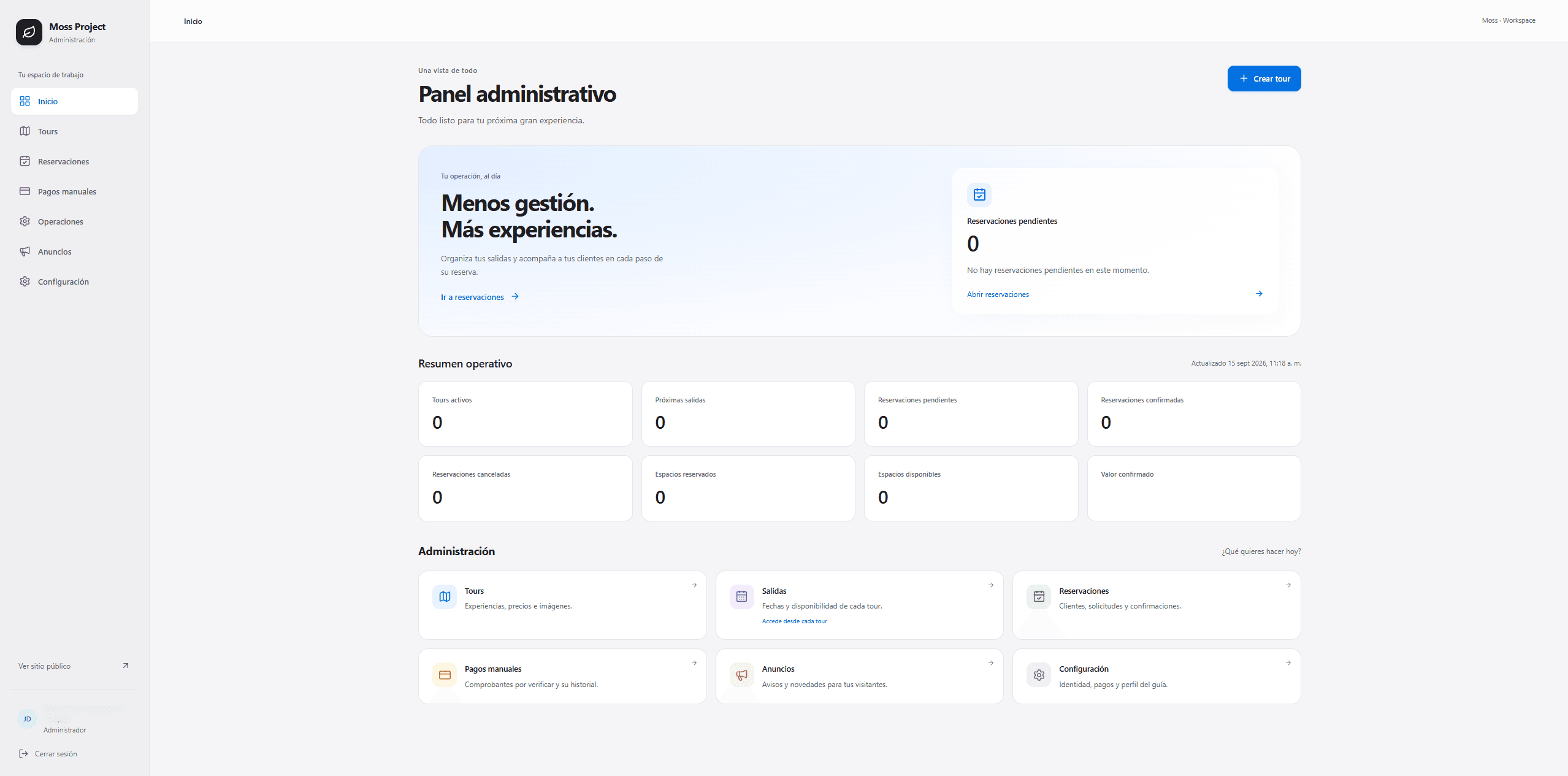 Moss Project administrative operations dashboard
