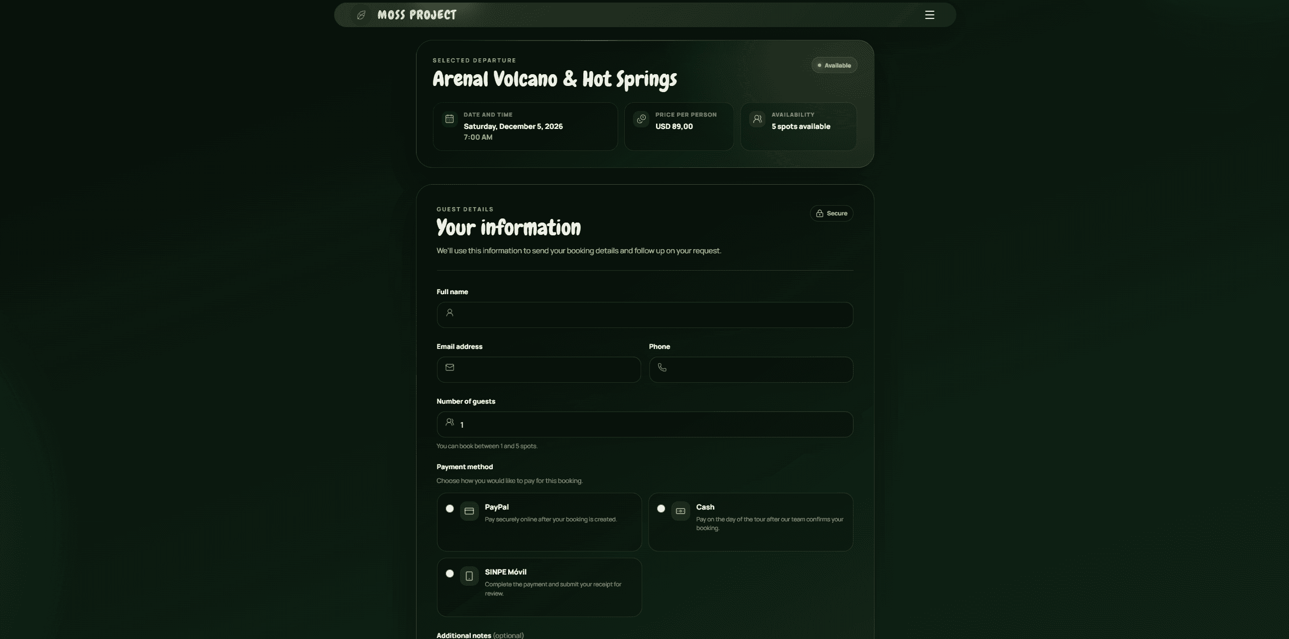 Moss Project traveler booking form and payment options