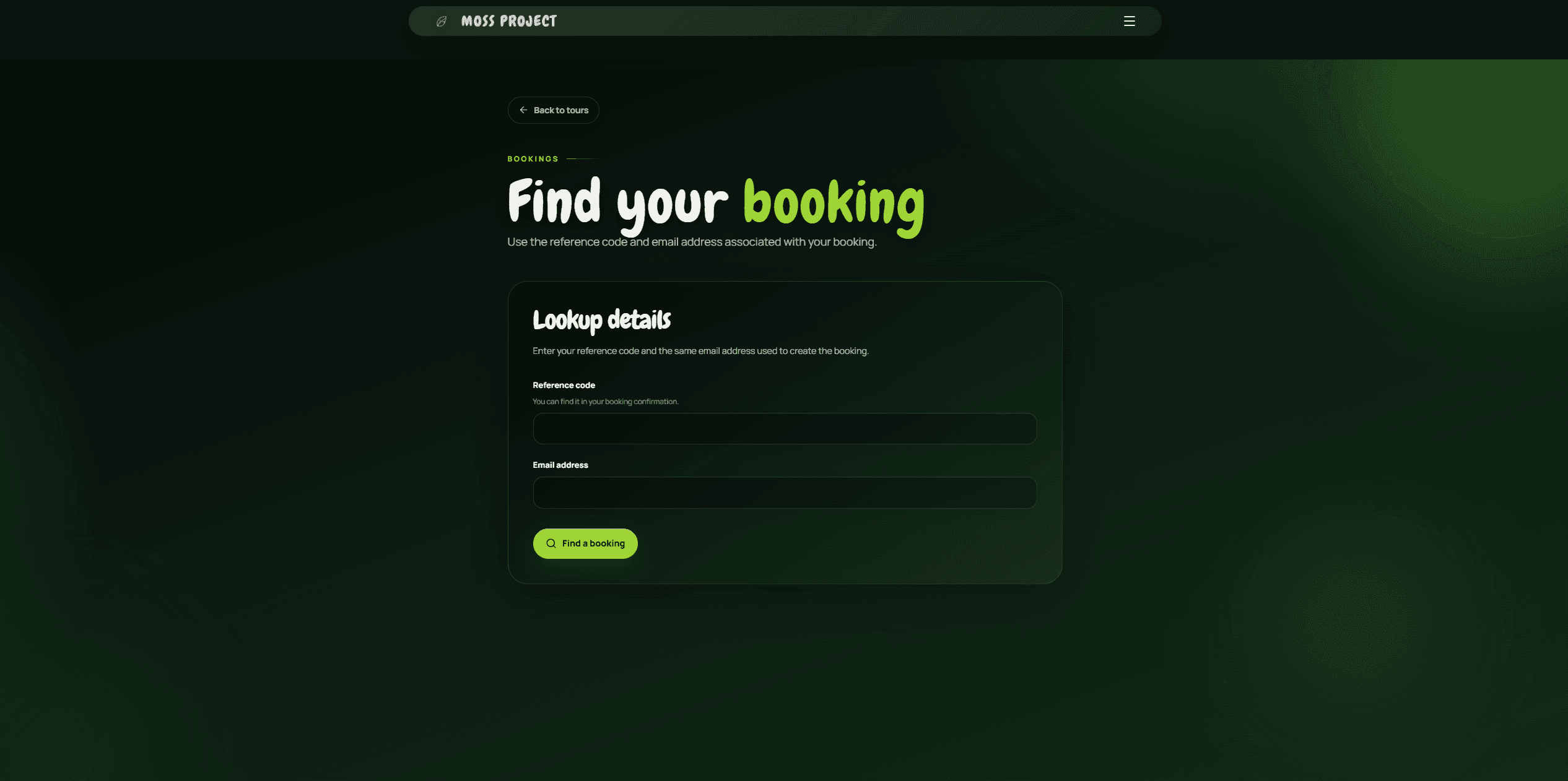 Moss Project booking lookup form