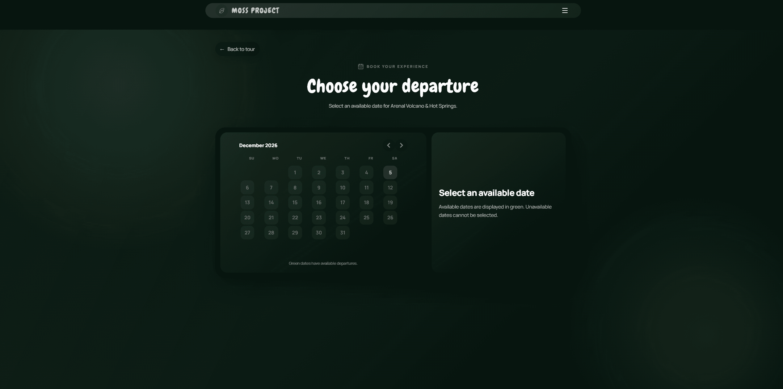 Moss Project available departure selection calendar