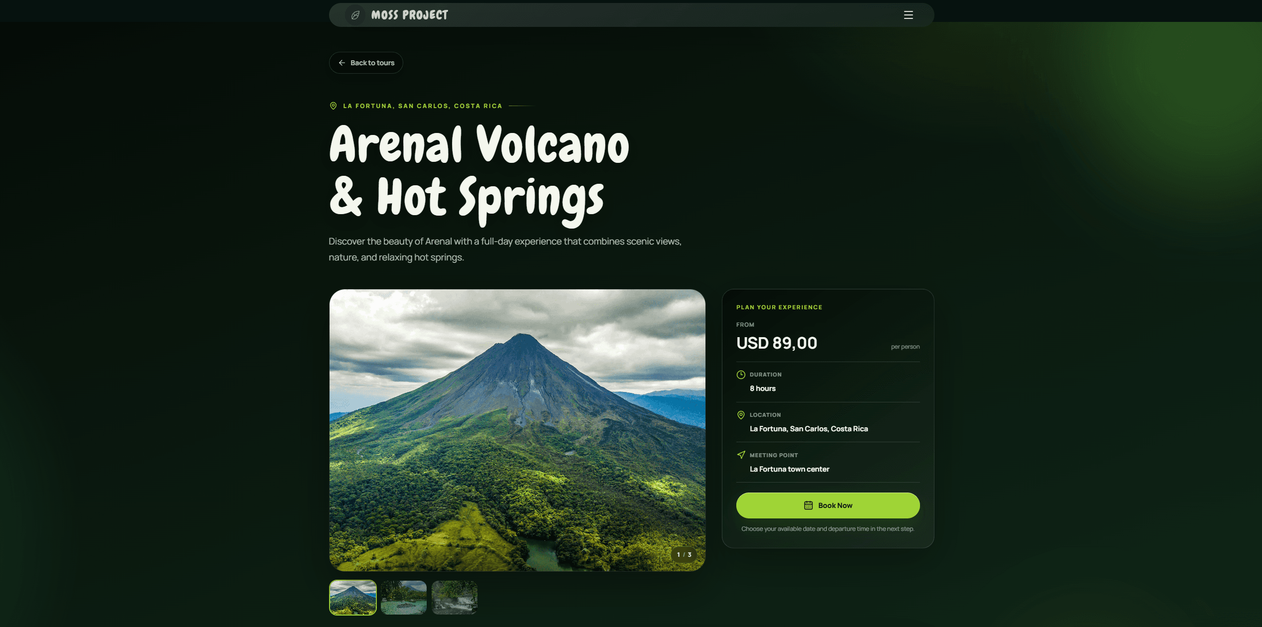 Moss Project tour detail page for Arenal Volcano and Hot Springs